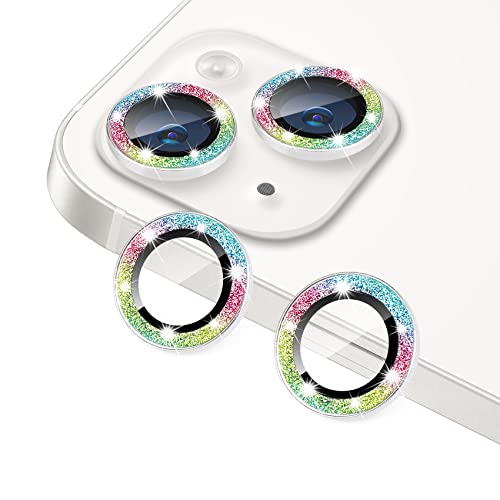 Compatible with iPhone 14 & 14 Plus Camera Lens Protector, Bling Glitter Diamond Lens Cover 9H Tempered Glass Camera Cover Anti Scratch Shockproof Screen Protector Individual Lens Ring - 2PCS - color: Colorful Glitter