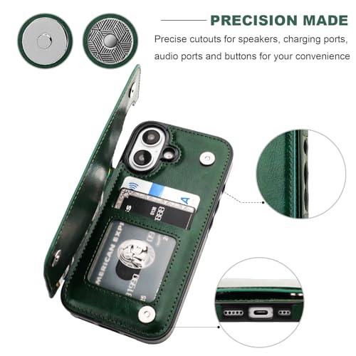 ONETOP for iPhone 16 Wallet Case with Credit Card Holder,Green | Kickstand,ID/Cash Holder,Case Wallet with Card Slots,Double Magnetic Clasp,Durable PU Leather Shockproof Cover for Women Men - color: Green