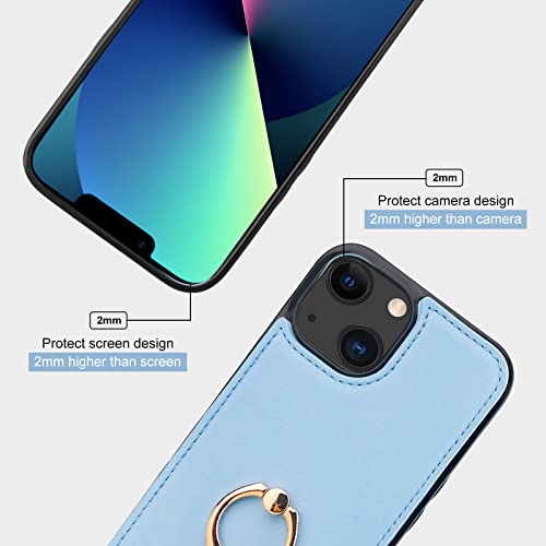 Folosu Compatible with iPhone 13 Case Wallet with Card Holder, 360°Rotation Finger Ring Holder Kickstand Protective RFID Blocking PU Leather Double Buttons Flip Shockproof Cover 6.1 Inch Blue - color: Blue