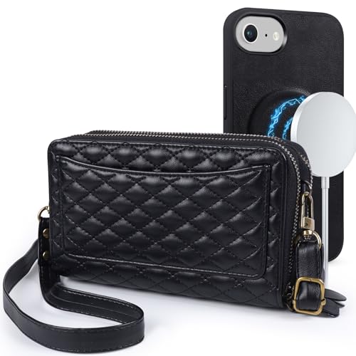 Harryshell Compatible with iPhone 16e / 17e Case Wallet Multi Zipper Detachable Removable Cover Purse with RFID Blocking Card Slots Holder Mirror Crossbody Strap (Compatible with Magsafe - Black) - color: Compatible with Magsafe - Black, size: iPhone 16e