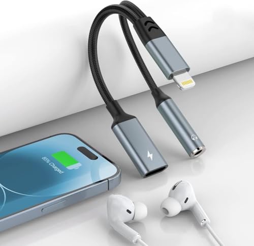 2-in-1 Lightning to 3.5mm Jack Headphone and Charger Cable Adapter,【Apple MFi Certified】 Earphones Converter Splitter Support Music+Charge+HiFi+Mic+Control for iPhone 14 Pro Max/14 13 12 11