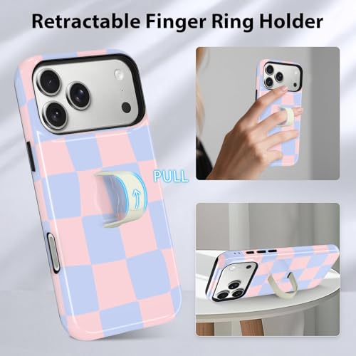 KANGHAR Compatible with iPhone 17 Pro Case Checkered -Pink Blue | Silicone Cute Pattern, Finger Hold Wristband Kickstand Camera Protection Soft Slim Phone Case for Girls Women - color: (Checkered)Pink Blue, size: iPhone 17 Pro
