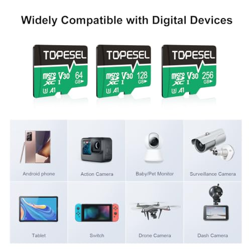 TOPESEL 256GB Micro SD Card with Adapter, High Speed TF Card, Memory Card microSDXC for Camera, Smartphone, Tablet, Dash Cam, Drone, UHS-I, U3, A1, 4K UHD, V30(256GB 1Pack) - color: 256GB x1