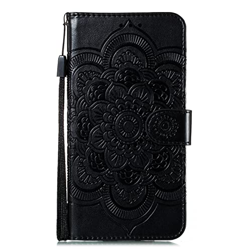 EYZUTAK Case for iPhone 13 Pro, Premium PU Leather Magnetic Flip Wallet Case with Card Holder Cash Slot Lanyard Strap Kickstand Function Embossed Mandala Flower Pattern Shockproof Cover - Black - color: Black, size: iPhone 13 Pro