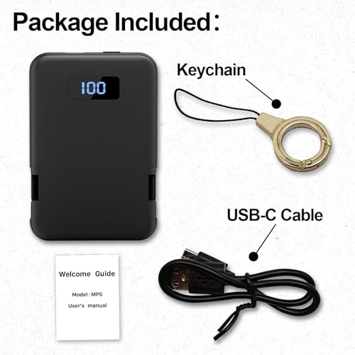 Ultra-Slim 5000mAh Portable Charger for iPhone & Android, Mini Power Bank with Built-in Cables (USB-C & iOS), 5V/2A Small External Battery Pack for iPhone 16/15/14/13, Samsung, Google – Black