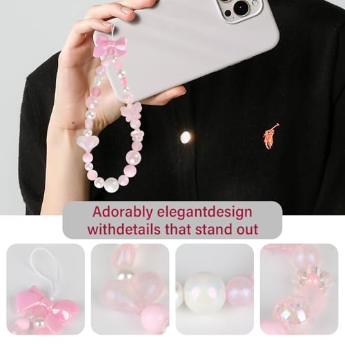 LUVI Phone Charm Chain Beaded Charms Keychain Wrist Strap Cute Bow - color: Pink