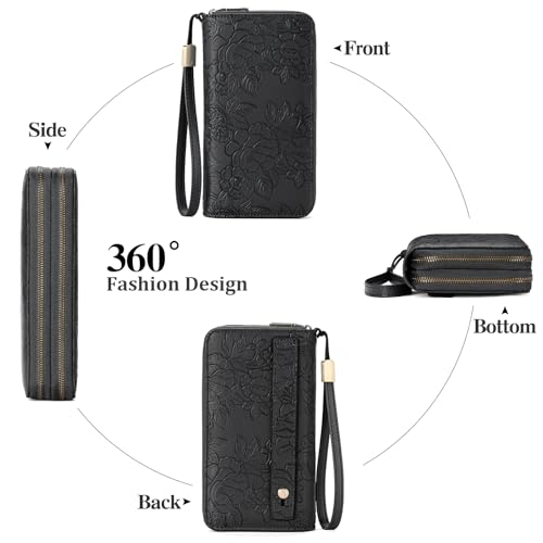 GAEKEAO RFID Leather Wristlet Wallet for Women with Grip Strap | Large capacity clutch wallet, credit card holder, wrist strap, zipper purse, travel and shopping - color: A12 Embossed Dark Black
