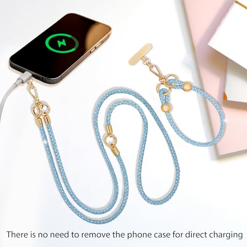 Crystal Phone Lanyard Crossbody and Wrist Strap Lanyard Rhinestone Anti-Theft Phone Strap Phone Neck Strap for Women - color: Sky Blue