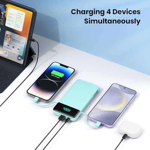 Portable Charger for iPhone with Built-in Cables and Wall Plug,Upgraded 13800mAh Fast Charging USB C Power Bank,4 Outputs Slim Travel Essentials Battery Pack for iPhone 17/16/14,Galaxy,Android-Green - color: Green