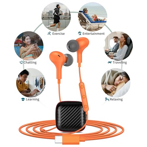 USB C Headphones for iPhone 18 Pro Max 17 16 15/Galaxy S26 FE Wired Earbuds - color: Orange
