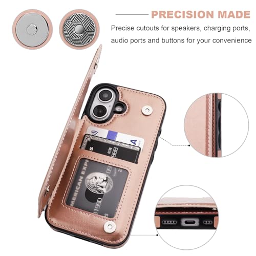 ONETOP for iPhone 16 Wallet Case with Credit Card Holder,Rosegold | Kickstand,ID/Cash Holder,Case Wallet with Card Slots,Double Magnetic Clasp,Durable PU Leather Shockproof Cover for Women Men - color: Rose Gold