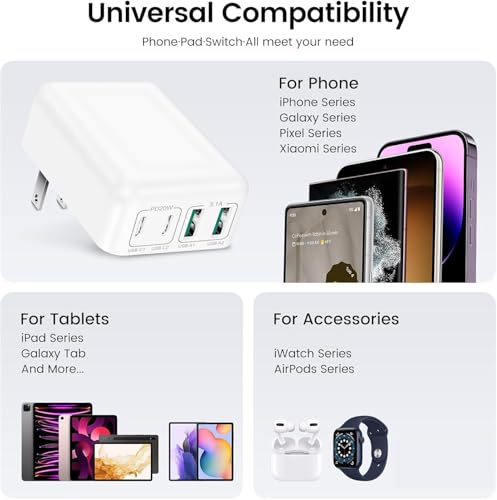 40W Flat USB C Wall Charger, 4Ports Foldable & Slim Fast Charging Blocks - color: white