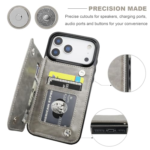 ONETOP for iPhone 17 Pro Max Wallet Case with Credit Card Holder,Gray | Kickstand,ID/Cash Holder,Case Wallet with Card Slots,Double Magnetic Clasp,Durable PU Leather Shockproof Cover for Women Men - color: Gray