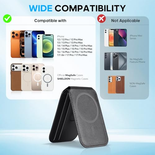 SHIELDON Genuine Leather Magnetic Wallet Stand for MagSafe, Nappa Black | Strong Magnetic, 6 Card Holder, Kickstand, Angle Adjustment, Rfid Blocking, Quick-access, for iPhone 17/16/15/14/13/12 Series - color: Black