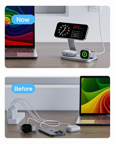 Keepro 3-in-1 Charging Station for Apple Device, Foldable Magnetic Wireless Fast Charger Stand Compatible with MagSafe for iPhone 18/17/16/15/14/13/12/Air/Duo Series, Apple Watch & AirPods-White - color: White