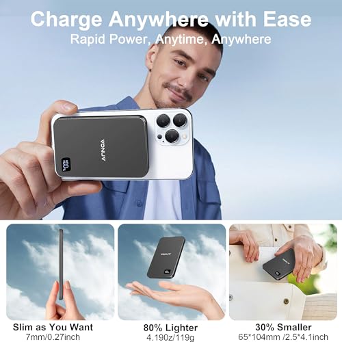 Magnetic Portable Charger 5000mAh, 15W Ultra Slim Wireless Portable Charger, Fast Charging for iPhone 17/16/15/14/13/12 Pro/Pro Max/Plus, Metal Shell, USB-C Cable to Charge Other Phones (Grey) - color: Grey