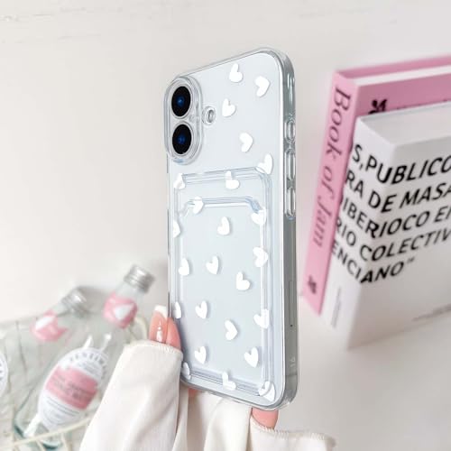 NITITOP Compatible with iPhone 16 Plus Case Clear with Card Holder Cute White Love Heart Pattern Design Design Soft TPU Shock-Absorbing Wallet Case Protective Cover - White - color: White, size: iPhone 16 Plus