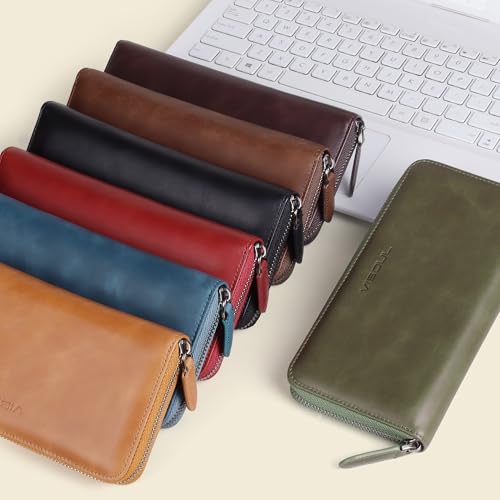 VISOUL Leather Long Zipper Pouch Wallet for Men and Women with RFID Blocking, Large Clutch Cash Long Wallet with Zipper (Olive Green) - color: Olive Green