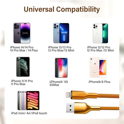 6.6FT Chew Proof USB to Lightning Cable, Pet Proof iPhone Charging Cord, MFi Certified Fast Charging Lightning Cable, Metal Braided iPhone Charger Cable for iPhone 14/13/12/11/XS/XR, Orange