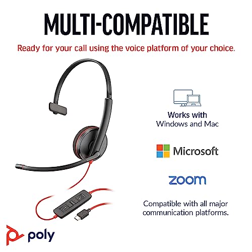 Poly Blackwire 3210 Wired Headset (Plantronics) - Noise-Canceling Mic - Single-Ear Design - Connect to PC/Mac via USB-C or USB-A - Works w/Teams, Zoom - Amazon Exclusive - style: 2023 Version - Bulk Packaging