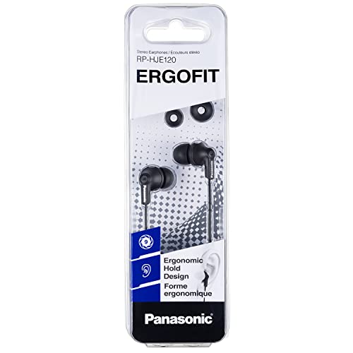 Panasonic ErgoFit Wired Earbuds with 3.5mm Jack, in-Ear Headphones, Crystal-Clear Sound, Ergonomic Fit (S/M/L), for Phones & Laptops, RP-HJE120-KA, Matte Black (Pack of 10) - color: Matte Black, size: S/M/L (Pack of 10), style: No Mic