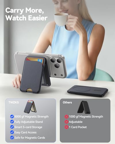TWZKG for MagSafe Wallet, 5 Cards Holder with Stand, Magnetic Phone Wallet Stand for iPhone 17/16/15/14/13/12 Pro Max Air Plus Series, RFID Blocking Vegan Leather,Black - color: Black