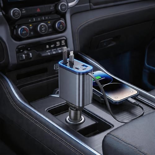 1 Piece 66W Starry Sky Atmosphere Light Car Charger,Retractable Cable Fast Charge 2-in-1 Cigarette Lighter Plug,Extreme Gray