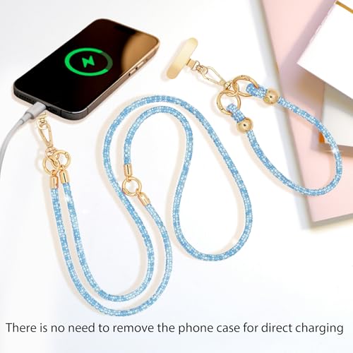 Crystal Phone Lanyard Crossbody and Wrist Strap Lanyard Rhinestone Anti-Theft Phone Strap Phone Neck Strap for Women - color: Blue