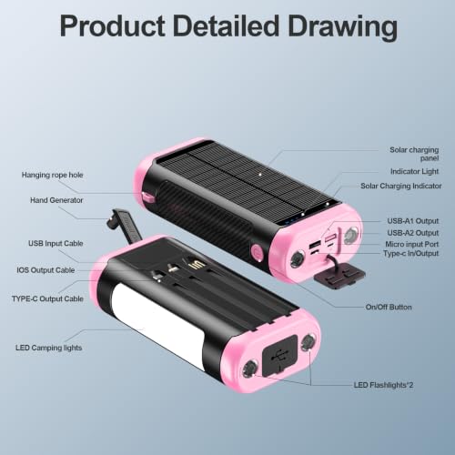 Solar Power Bank Portable Charger 66800mAh Battery Pack for Camping(Pink) - color: Pink