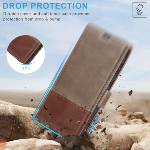 KEZiHOME Genuine Leather Wallet Case for Samsung Galaxy S24 Ultra | Gray/Brown, RFID Blocking Card Slot, Kickstand, Magnetic Protective Phone Folio Cover, Compatible with Galaxy S24 Ultra - color: Gray/Brown