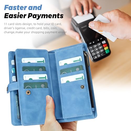 TwoHead for iPhone 11 Wallet case with 11 Card Holder (Sky Blue) | Detachable Magnetic Phone Case, PU Leather Wallet for Women/Men,Wireless Charging Compatible,with Wrist Strap - color: Sky Blue