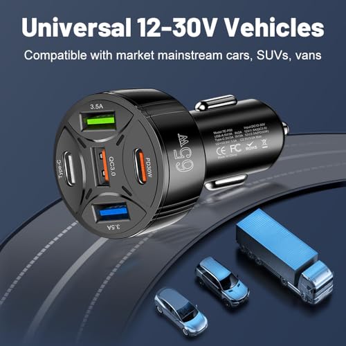 USB C Car Phone Charger Adapter 5 in 1 Multi Port PD30W &QC3.0 Super Fast Charging, 65W Cigarette Lighter USB Charger for iPhone/Android/Samsung/iPad Pro and More (White) - color: White