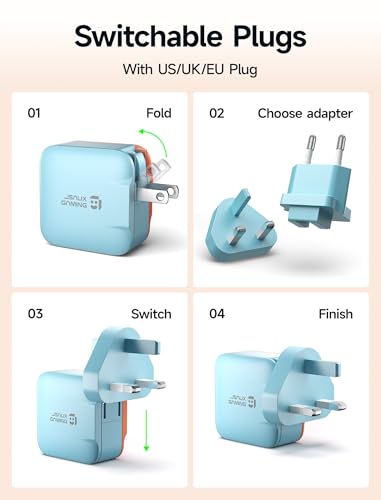 JSAUX 65W GaN USB C Charger for Switch 2, EU/UK Plug, 6.6FT Cable, Blue - color: Blue&Orange