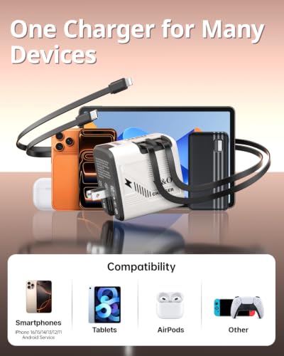 W & O 60W Gan Fast Charger Wall Plug, Built-in Retractable USB-C & L Cables - color: black+green