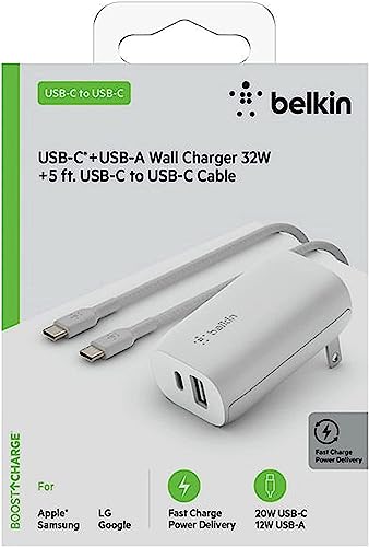 Belkin 24W Dual Port USB Wall Charger - USB C Cable Included - iPhone Charger Fast Charging - USB Charger Block for Power Bank, iPad & iPad Pro, Samsung Galaxy S20, Samsung Note, Google Pixel & More - size: 1.37 x 3.98 x 5.15 inches (Pack of 2), style: In