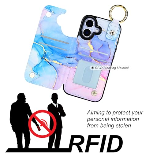 HAOPINSH Wallet Case for iPhone 17 with Card Holder, Pink Blue Marble Print Back Flip Folio PU Leather Kickstand Card Slots Case, Finger Grip Ring Double Magnetic Clasp Shockproof 6.3" - color: Pink Blue Marble Grip Ring