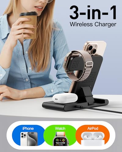 2025 Wireless Charger for iPhone Charging Station,3 in 1 Fast Max Charging for iPhone 16 15 14 13 12 Pro Max Plus,Charger Stand for Apple Watch Series & Air pods 4 3 2 Pro,Android Samsung Series