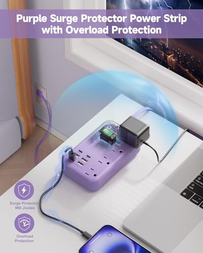6 USB (2 USB C) Purple Travel Power Strip,5 Feet Lavender Extension Cord - size: Purple-24W USB-5ft-980J