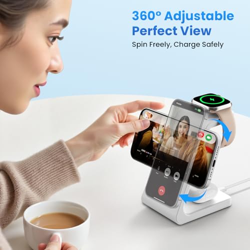 Magnetic Wireless Charging Station for iPhone: 3 in 1 15W Fast Charging for iPhone 17-12, Apple Watch & AirPods, N52 Magnets & 30W Adapter Included (Office/Bedside/Desk) - color: Matte White