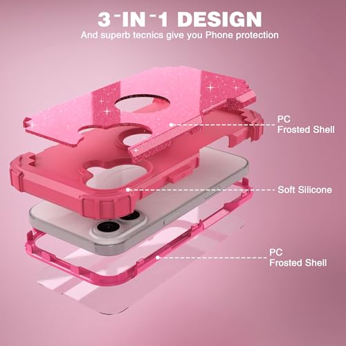 IDweel for iPhone 17 Case with Screen Protector for Women, 3 in 1 Shockproof Slim Fit Hybrid Heavy Duty Hard PC Cover Soft Silicone Bumper Full Body Anti-Fingerprint Case, Glitter Rose Red - color: Glitter Rose Red