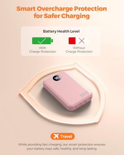 Portable Charger 10000mAh with 4 Built-in Cables 40% Smaller - color: Pink