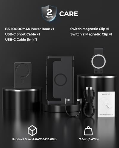 Antank B5 Magnetic Power Bank 10000mAh for Nintendo Switch 2 2025, 30W PD Fast Charging Portable Battery Pack for Switch/OLED/iPhone 12-17, 3.5-8H Extended Playtime, 2 Removable Clips & 2 USB-C Cables