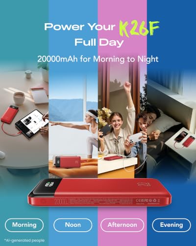 Orfeika 20000mAh Power Bank, Portable Charger with 4 Built-in Cables - color: Red