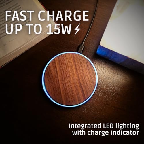 15W Wooden Wireless Charger | Stylish Design Qi Wireless Charger Station | USB Type C Cable | Compatible for iPhone 15 14 13 Pro MAX X Plus, Samsung Galaxy Ultra, Airpods