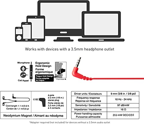 Panasonic ErgoFit Wired Earbuds with Microphone, 3.5mm Jack Headphones with Mic and Call Controller, Ergonomic Custom-Fit Earpieces (S/M/L), for Phones and Laptops - RP-TCM125-R (Red) - color: Red, size: S/M/L, style: With Mic