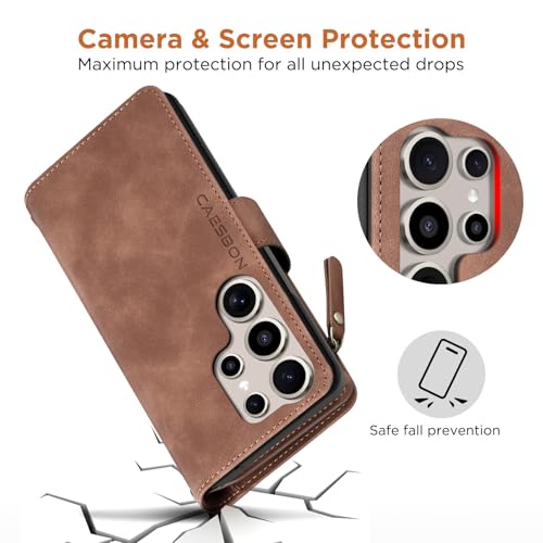 for Samsung Galaxy S24-Ultra-Wallet Case: with RFID Blocking Card Slots (6 Cards) | Soft PU Leather Magnetic Snap Zipper Pocket | Crossbody Wrist Strap Protective Phone Cover - Brown - color: A Brown, size: Galaxy S24 Ultra(6.8‘’)
