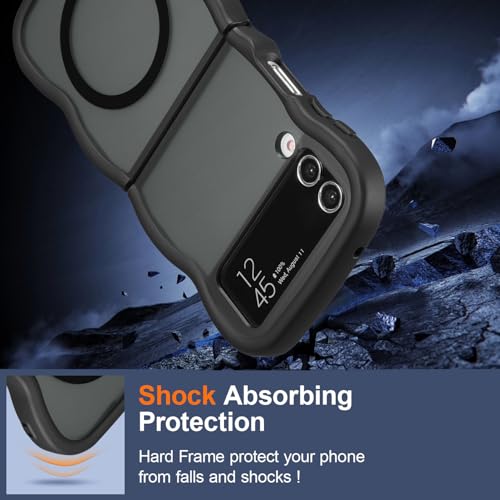 UEEBAI Magnetic for Samsung Galaxy Z Flip 3/Z Flip 4 Case, Compatible with MagSafe, Transparent Clear Wave Frame Design Soft Edge Cover Matte Shockproof Phone Case- Black - color: Black, size: Samsung Galaxy Z Flip 3/Z Flip 4