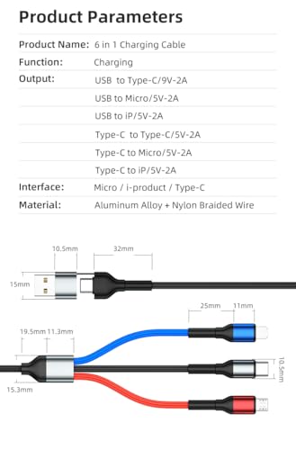 Reflex Power 6-in-1 Multi-Functional Charging Cable, 1.2m Nylon Braided, USB-C, Micro, IP Connectors, Fast Charge for Android & iOS Devices, Durable Aluminium Alloy, Perfect for Travel & Home