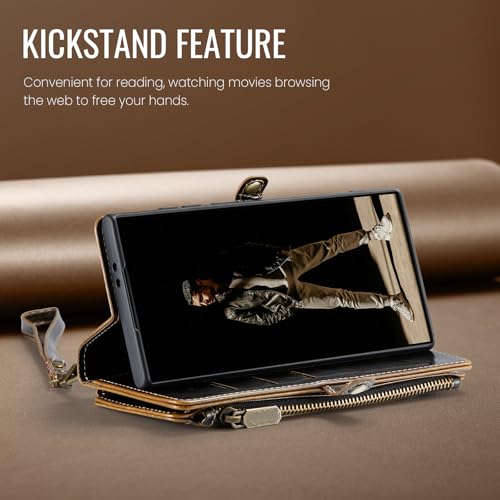 Defencase for Samsung Galaxy S25+/Plus Wallet Case with Card Holder, Coffee | with RFID Blocking Zipper Pocket, Durable PU Leather, Wrist Strap, S25 Plus Flip Phone Cases Cover with Stand for Women Men - color: Coffee