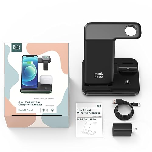 Minthouz Phone Wireless Charger, 18W Fast Charging Station for iWatch (Watch Charger is NOT included), AirPods, Wireless Charger Stand Compatible with iPhone 15/14/13/12/11 Series (with QC3.0 Adapter)